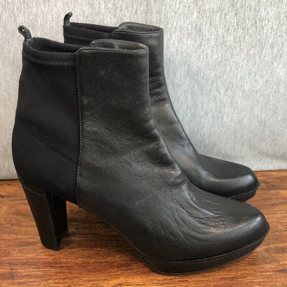 Stuart Weitzman Women Size 10 M Black Leather Stretch Fabric Bootie Heels Shoes - Picture 1 of 11